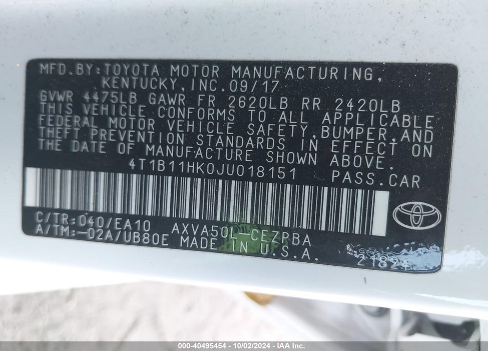 2018 TOYOTA CAMRY SE VIN: 4T1B11HK0JU018151