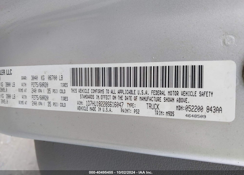 2008 DODGE RAM 1500 SLT VIN: 1D7HU18228S616047