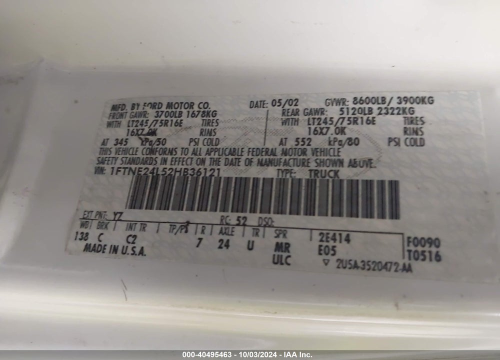 2002 FORD E-250 COMMERCIAL/RECREATIONAL VIN: 1FTNE24L52HB36121