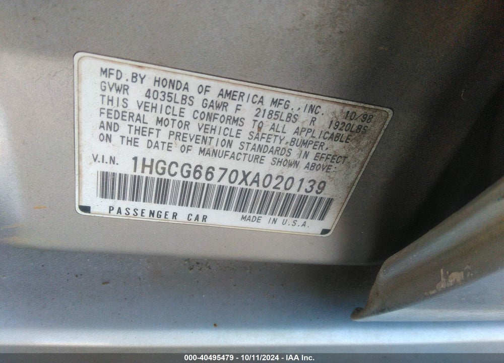 1999 HONDA ACCORD EX VIN: 1HGCG6670XA020139