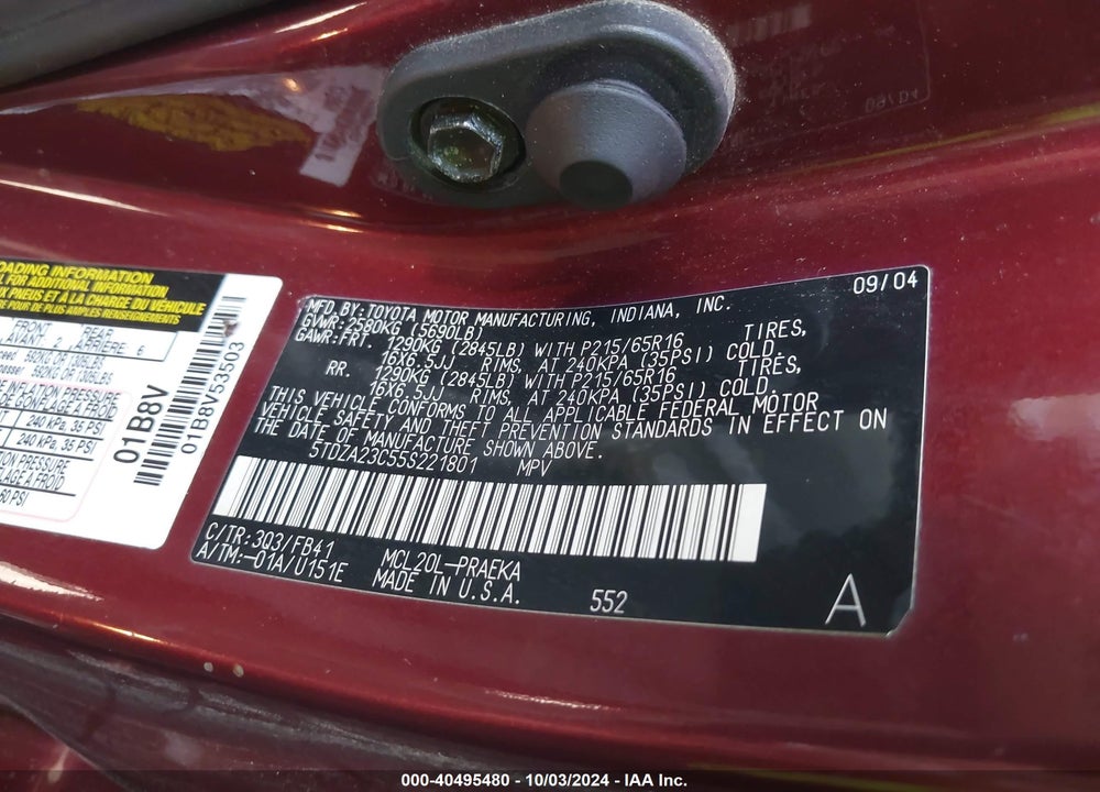 2005 TOYOTA SIENNA LE VIN: 5TDZA23C55S221801