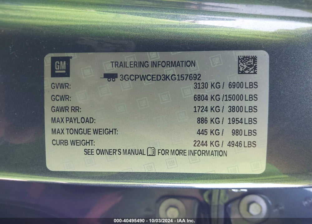 2019 CHEVROLET SILVERADO 1500 LT VIN: 3GCPWCED3KG157692