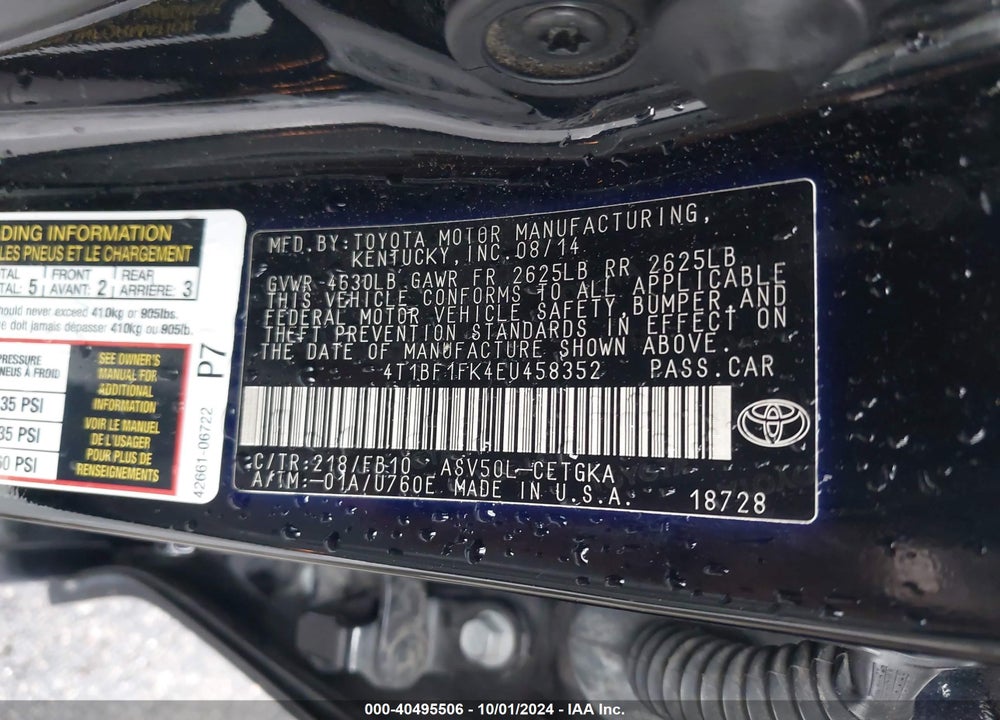 2014 TOYOTA CAMRY XLE VIN: 4T1BF1FK4EU458352