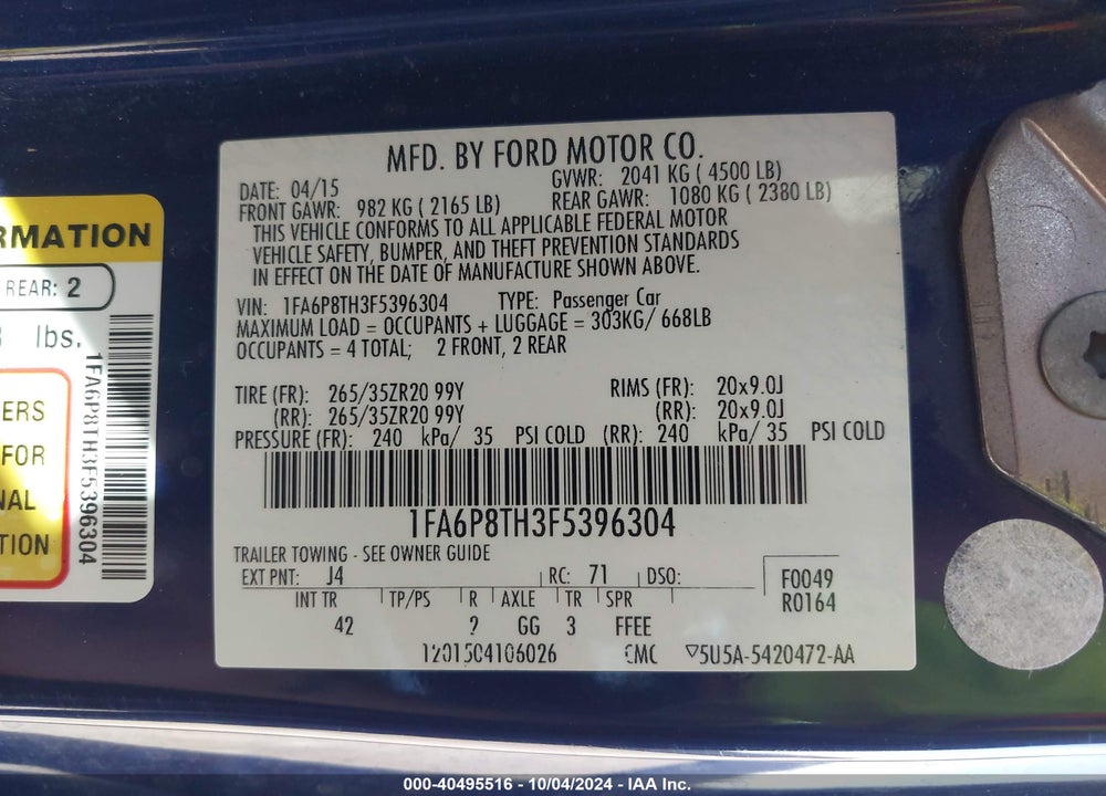 2015 FORD MUSTANG ECOBOOST VIN: 1FA6P8TH3F5396304