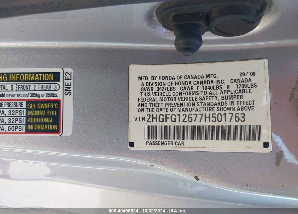 2007 HONDA CIVIC LX VIN: 2HGFG12677H501763