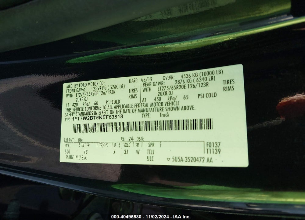 2019 FORD F-250 PLATINUM VIN: 1FT7W2BT6KEF63818