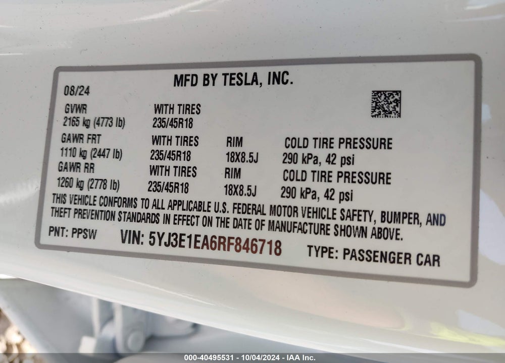 2024 TESLA MODEL 3 REAR-WHEEL DRIVE VIN: 5YJ3E1EA6RF846718