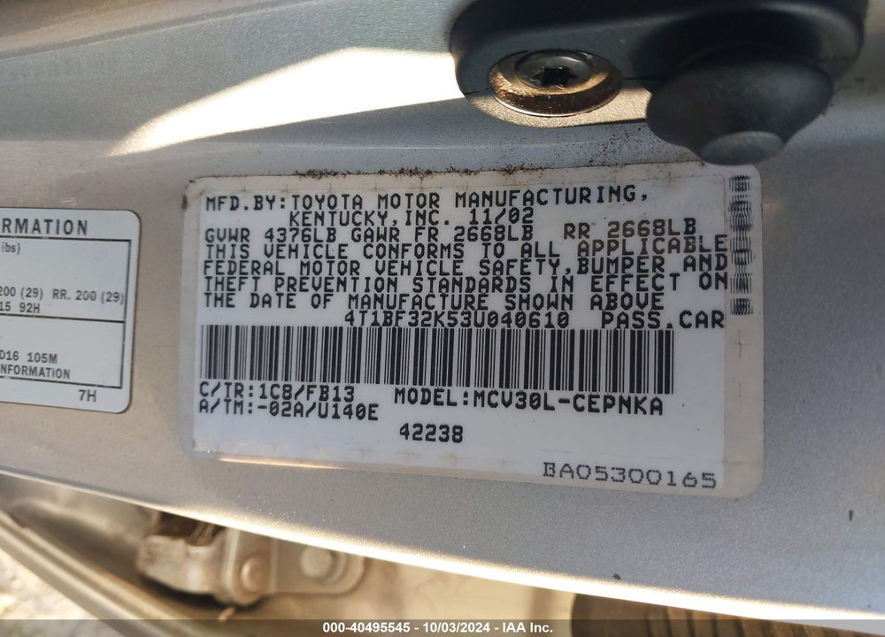 2003 TOYOTA CAMRY LE V6 VIN: 4T1BF32K53U040610