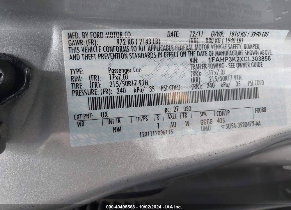 2012 FORD FOCUS SE VIN: 1FAHP3K2XCL303858