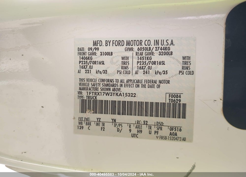 2000 FORD F-150 LARIAT/WORK SERIES/XL/XLT VIN: 1FTRX17W3YKA15322