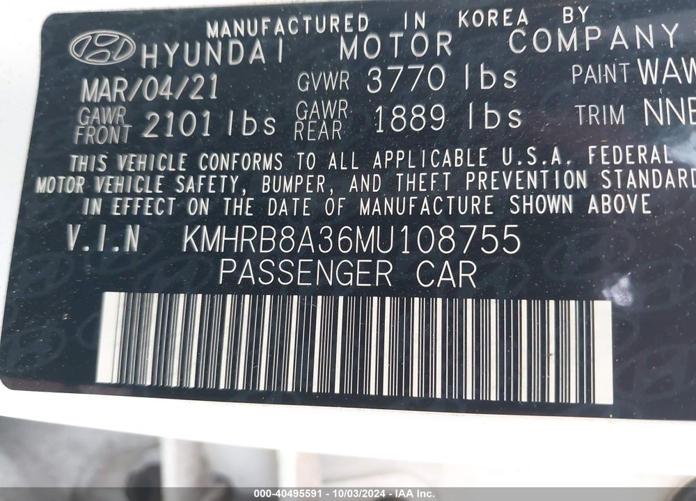 2021 HYUNDAI VENUE SE VIN: KMHRB8A36MU108755