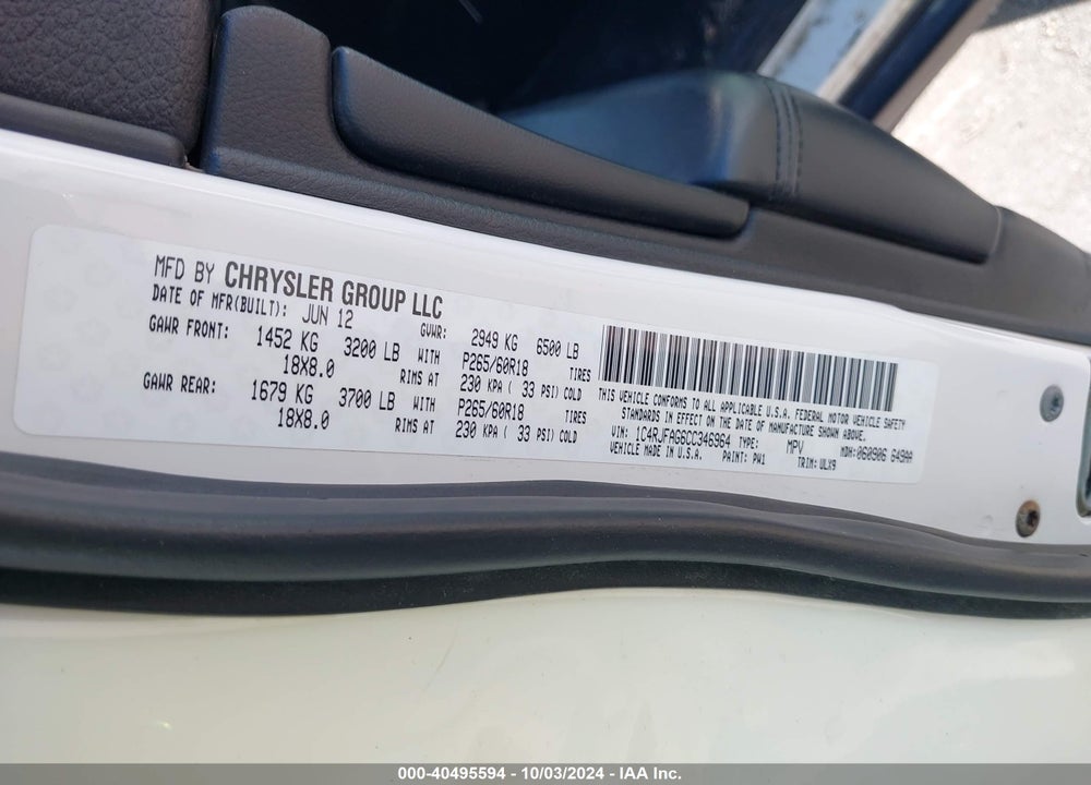 2012 JEEP GRAND CHEROKEE LAREDO VIN: 1C4RJFAG6CC346964