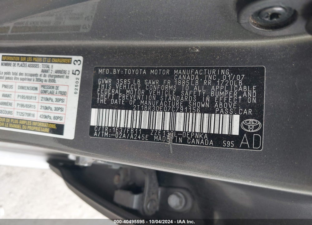 2007 TOYOTA COROLLA LE VIN: 2T1BR30E07C791156