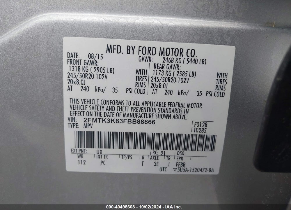 2015 FORD EDGE TITANIUM VIN: 2FMTK3K83FBB88866