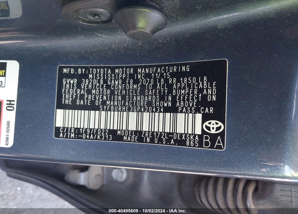 2016 TOYOTA COROLLA S PLUS VIN: 5YFBURHE3GP420434