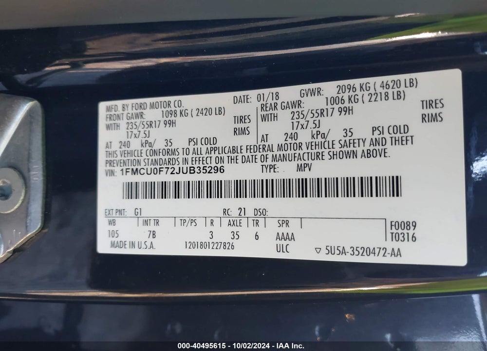 2018 FORD ESCAPE S VIN: 1FMCU0F72JUB35296