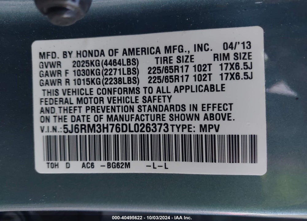 2013 HONDA CR-V EX-L VIN: 5J6RM3H76DL026373