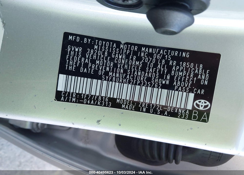 2015 TOYOTA COROLLA LE VIN: 5YFBURHE2FP335762