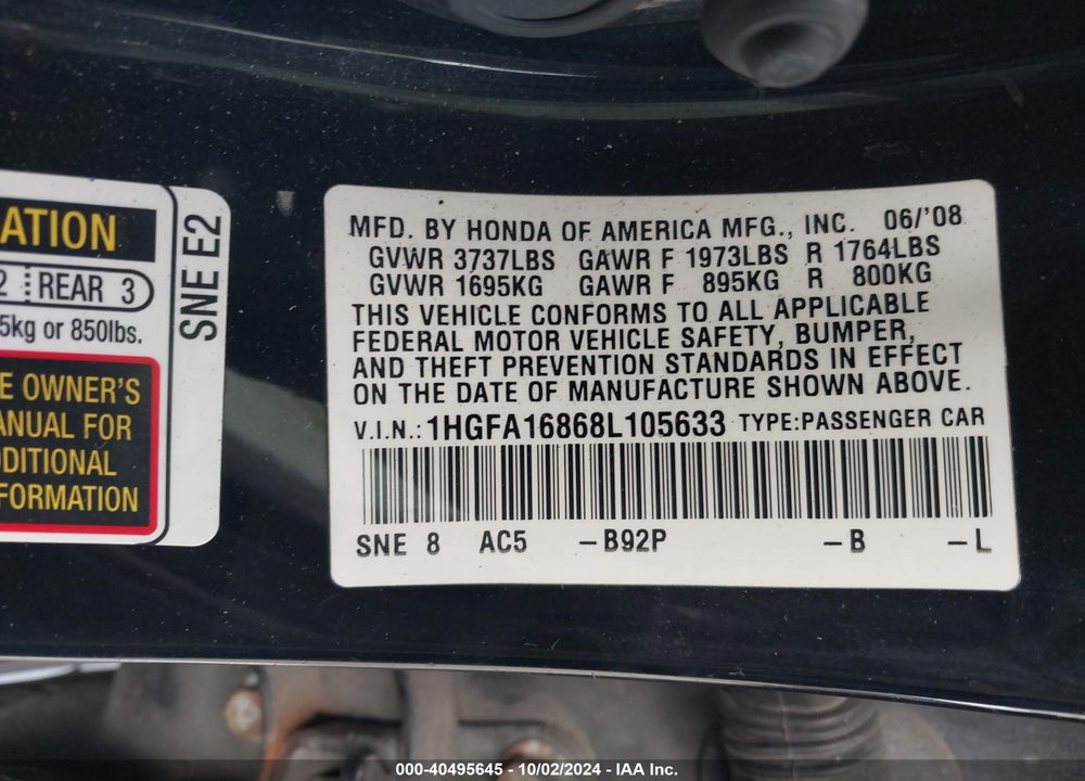 2008 HONDA CIVIC EX VIN: 1HGFA16868L105633