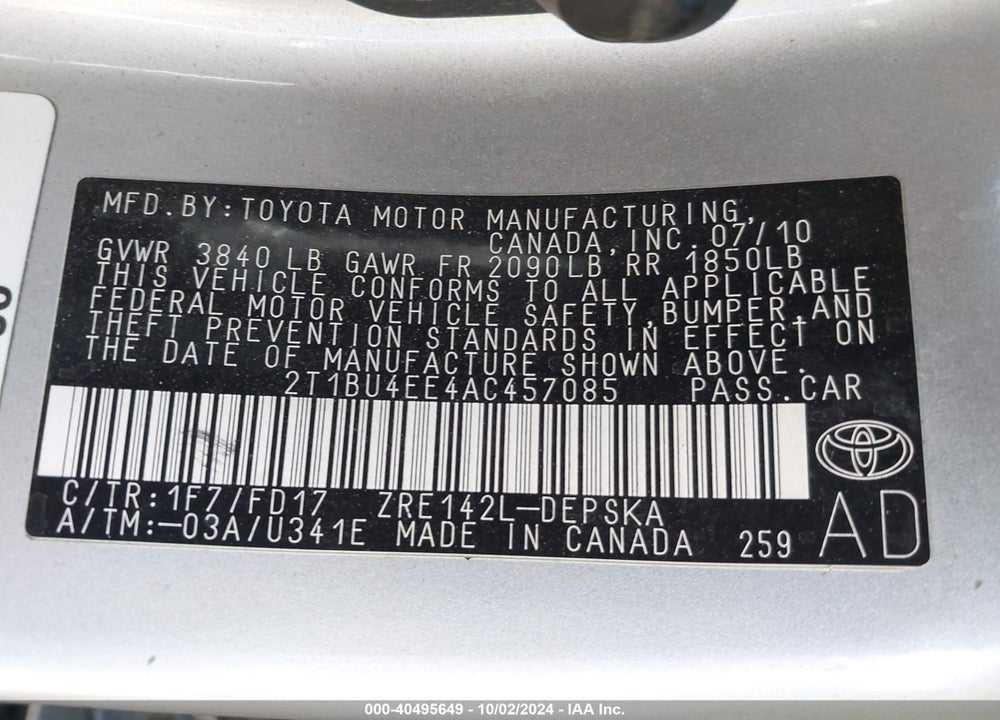 2010 TOYOTA COROLLA S VIN: 2T1BU4EE4AC457085