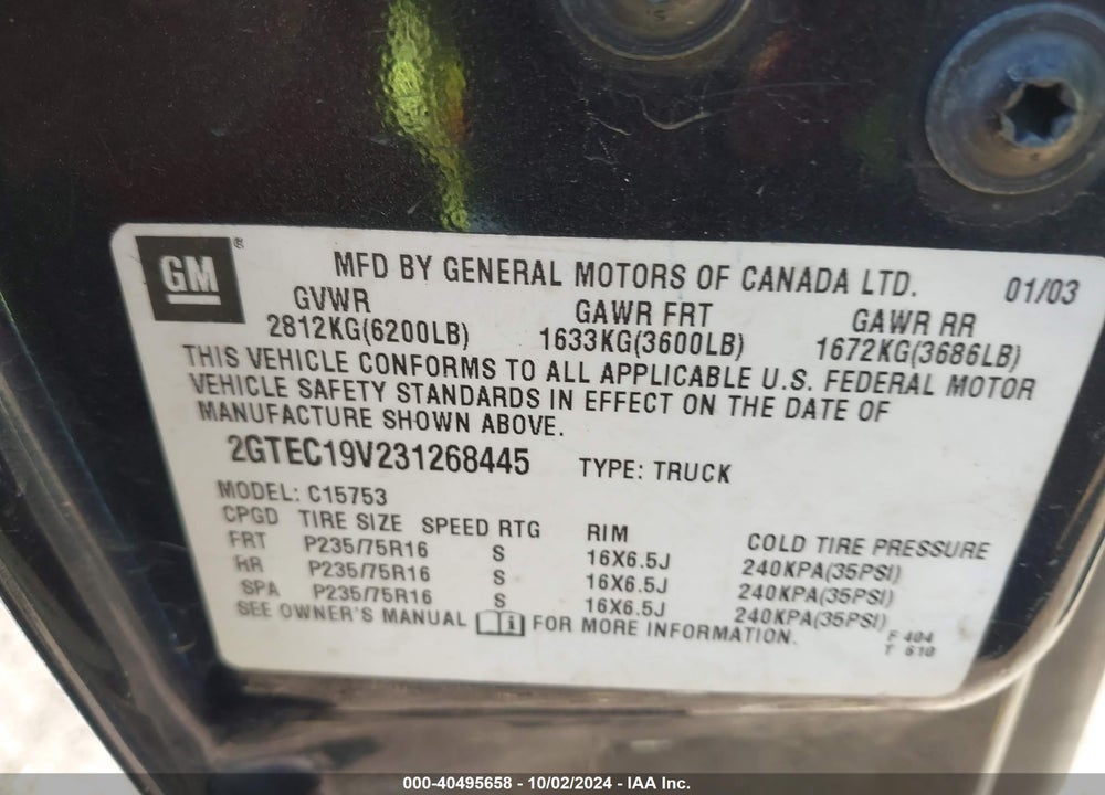 2003 GMC SIERRA 1500 VIN: 2GTEC19V231268445