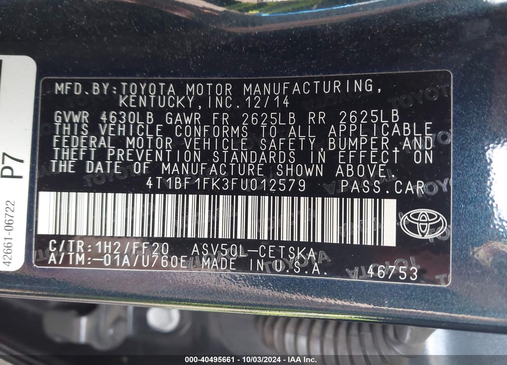 2015 TOYOTA CAMRY SE VIN: 4T1BF1FK3FU012579