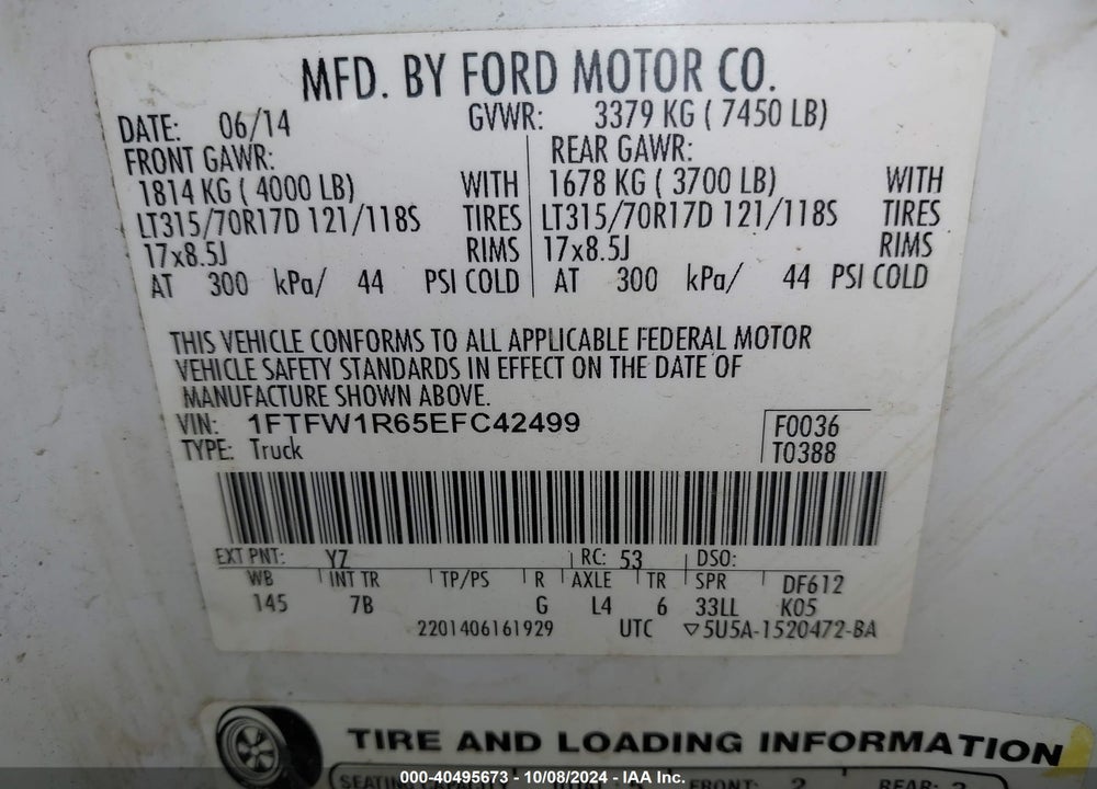 2014 FORD F150 VIN: 1FTFW1R65EFC42499