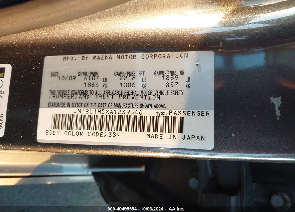 2010 MAZDA 3 S SPORT VIN: JM1BL1H5XA1239346