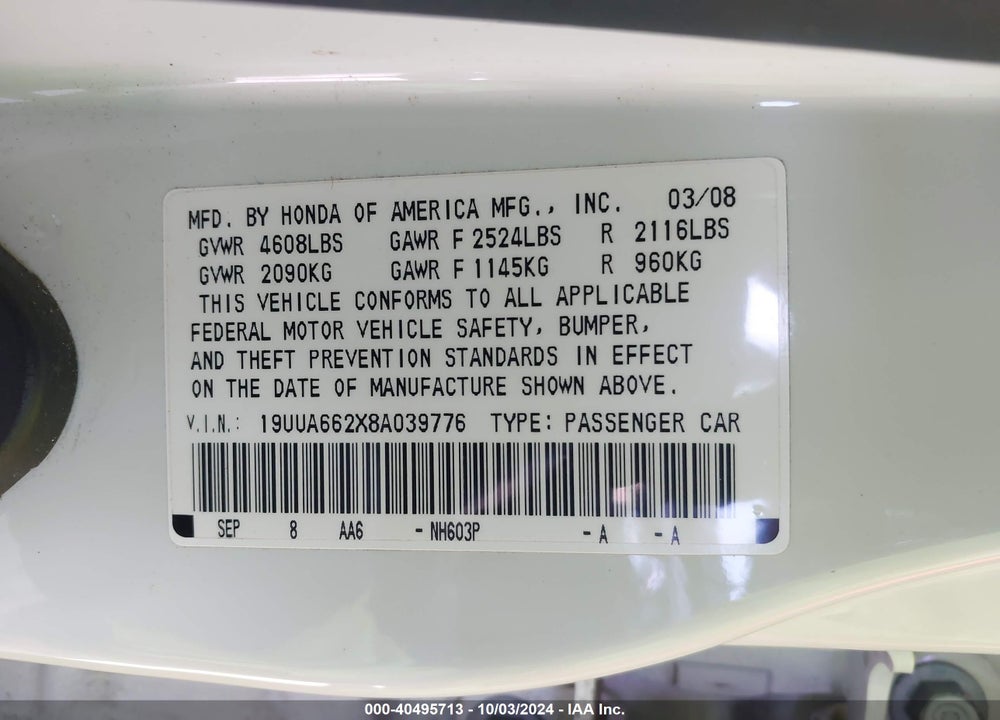 2008 ACURA TL 3.2 VIN: 19UUA662X8A039776