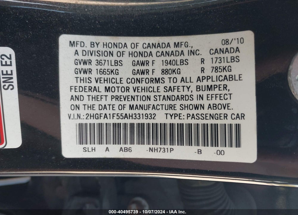 2010 HONDA CIVIC LX VIN: 2HGFA1F55AH331932