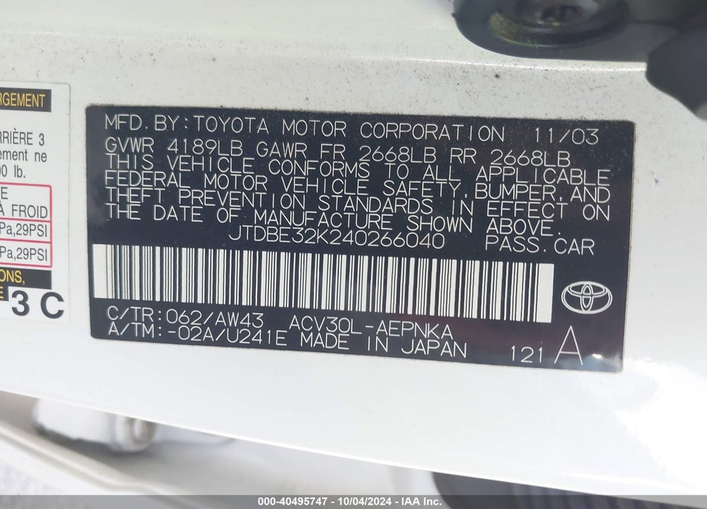 2004 TOYOTA CAMRY LE/XLE VIN: JTDBE32K240266040