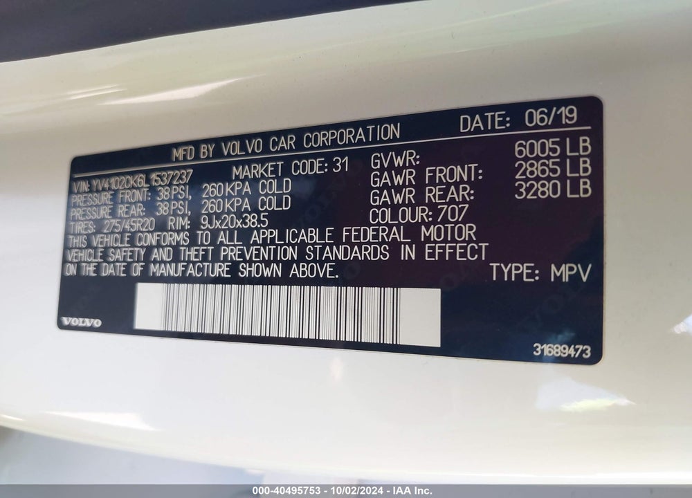 2020 VOLVO XC90 T5 MOMENTUM 7 PASSENGER VIN: YV4102CK6L1537237