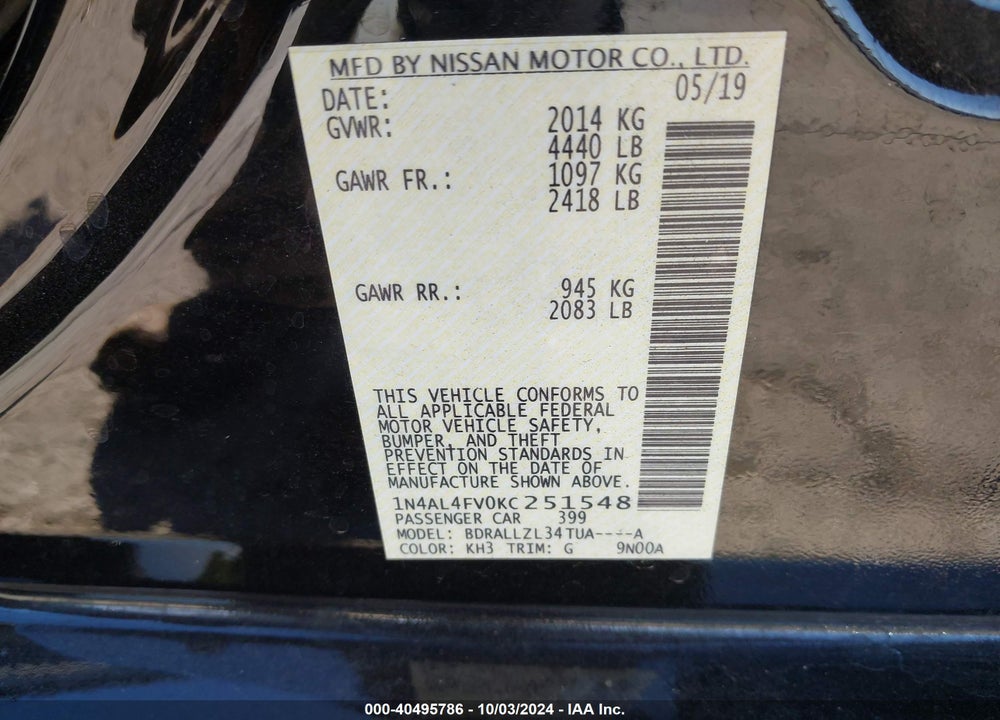 2019 NISSAN ALTIMA 2.0 PLATINUM VIN: 1N4AL4FV0KC251548