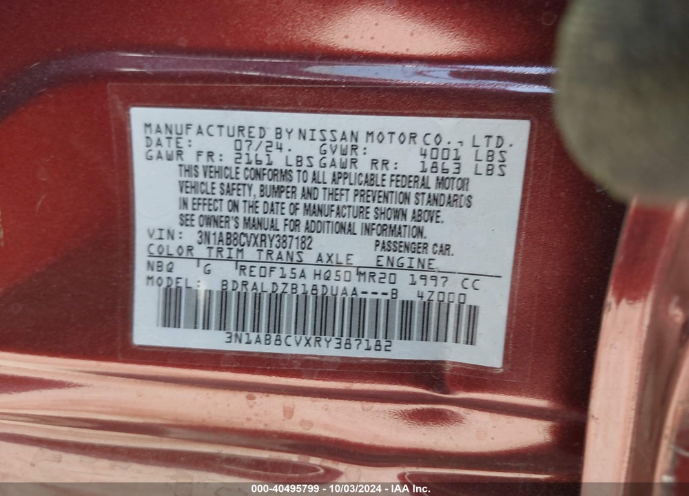 2024 NISSAN SENTRA SV XTRONIC CVT VIN: 3N1AB8CVXRY387182