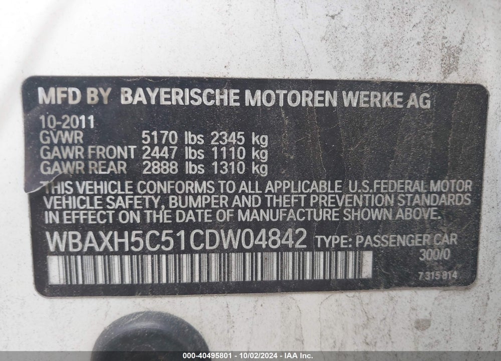 2012 BMW 528I XDRIVE VIN: WBAXH5C51CDW04842