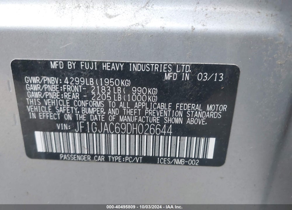 2013 SUBARU IMPREZA 2.0I PREMIUM VIN: JF1GJAC69DH026644