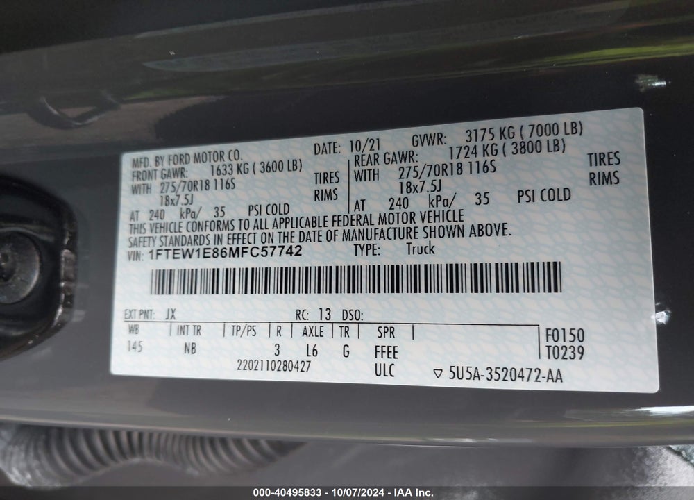 2021 FORD F-150 KING RANCH/LARIAT/LIMITED/PLATINUM/TREMOR/XL/XLT VIN: 1FTEW1E86MFC57742