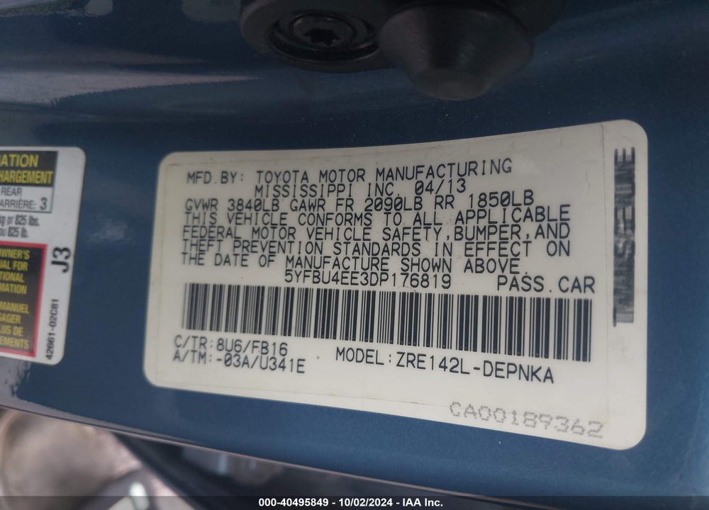 2013 TOYOTA COROLLA LE VIN: 5YFBU4EE3DP176819