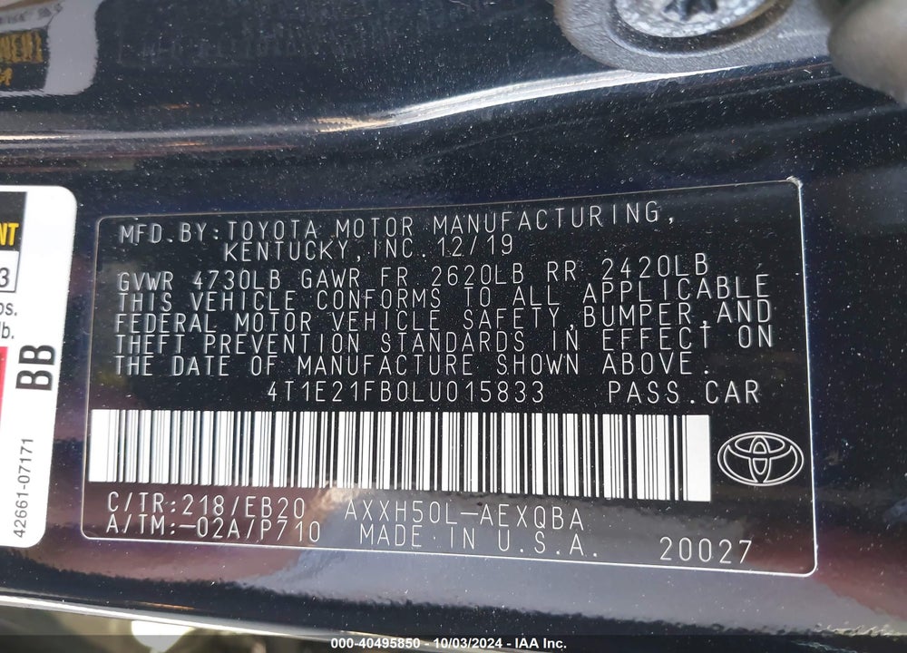 2020 TOYOTA AVALON HYBRID XSE VIN: 4T1E21FB0LU015833
