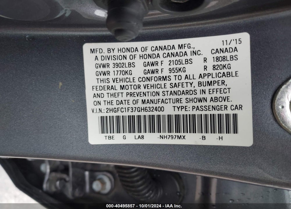 2016 HONDA CIVIC VIN: 2HGFC1F37GH632400