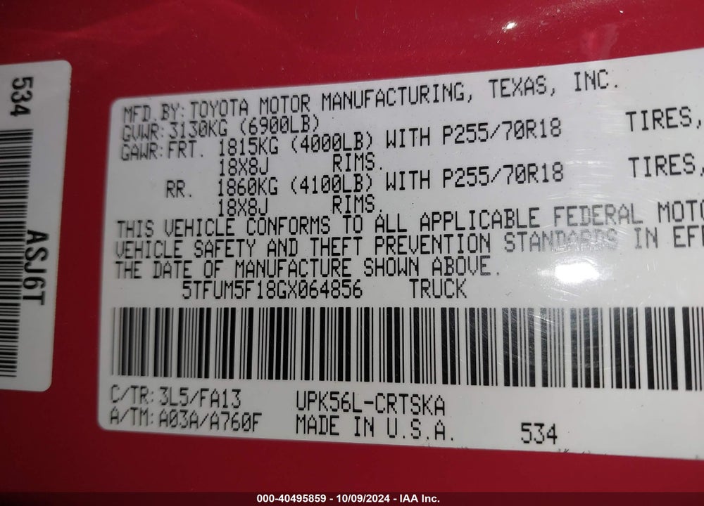 2016 TOYOTA TUNDRA SR 4.6L V8 VIN: 5TFUM5F18GX064856