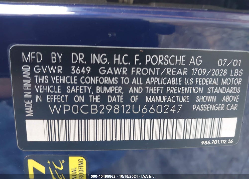 2002 PORSCHE BOXSTER S VIN: WP0CB29812U660247