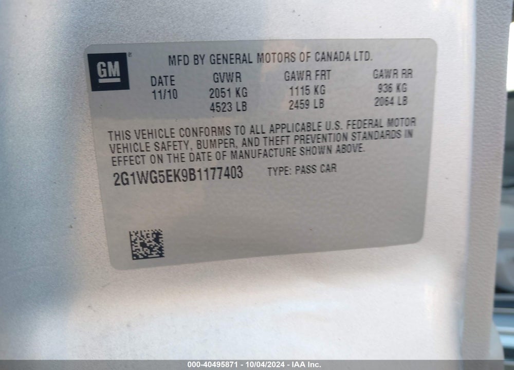 2011 CHEVROLET IMPALA LT VIN: 2G1WG5EK9B1177403