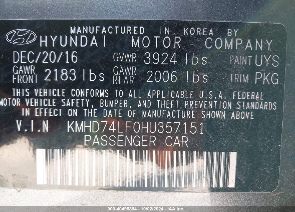 2017 HYUNDAI ELANTRA SE VIN: KMHD74LF0HU357151