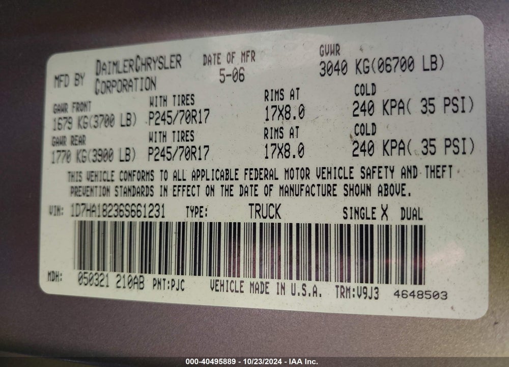 2006 DODGE RAM 1500 SLT VIN: 1D7HA18236S661231