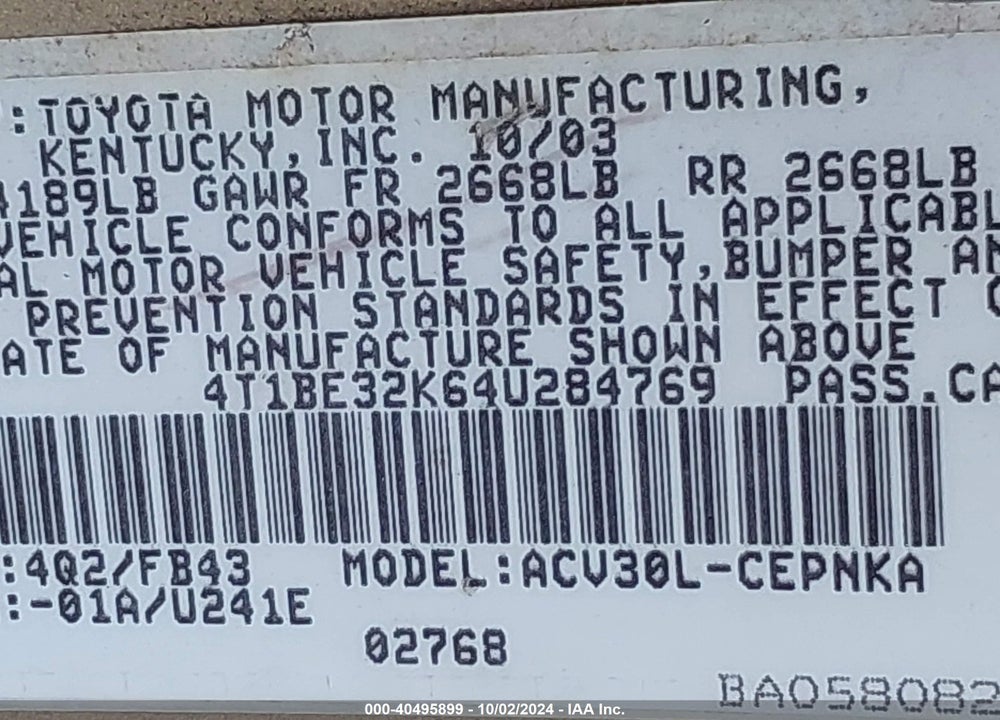 2004 TOYOTA CAMRY LE VIN: 4T1BE32K64U284769