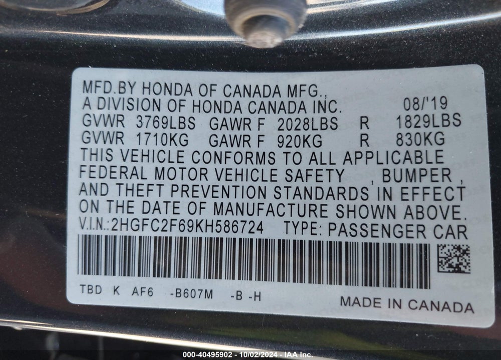 2019 HONDA CIVIC LX VIN: 2HGFC2F69KH586724
