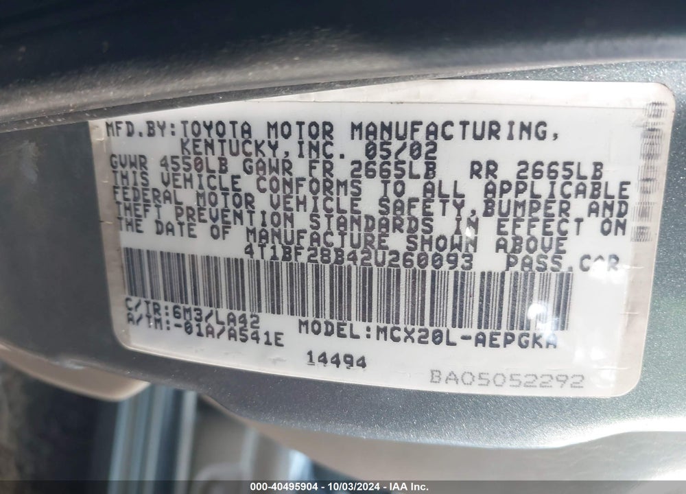 2002 TOYOTA AVALON XLS VIN: 4T1BF28B42U260093