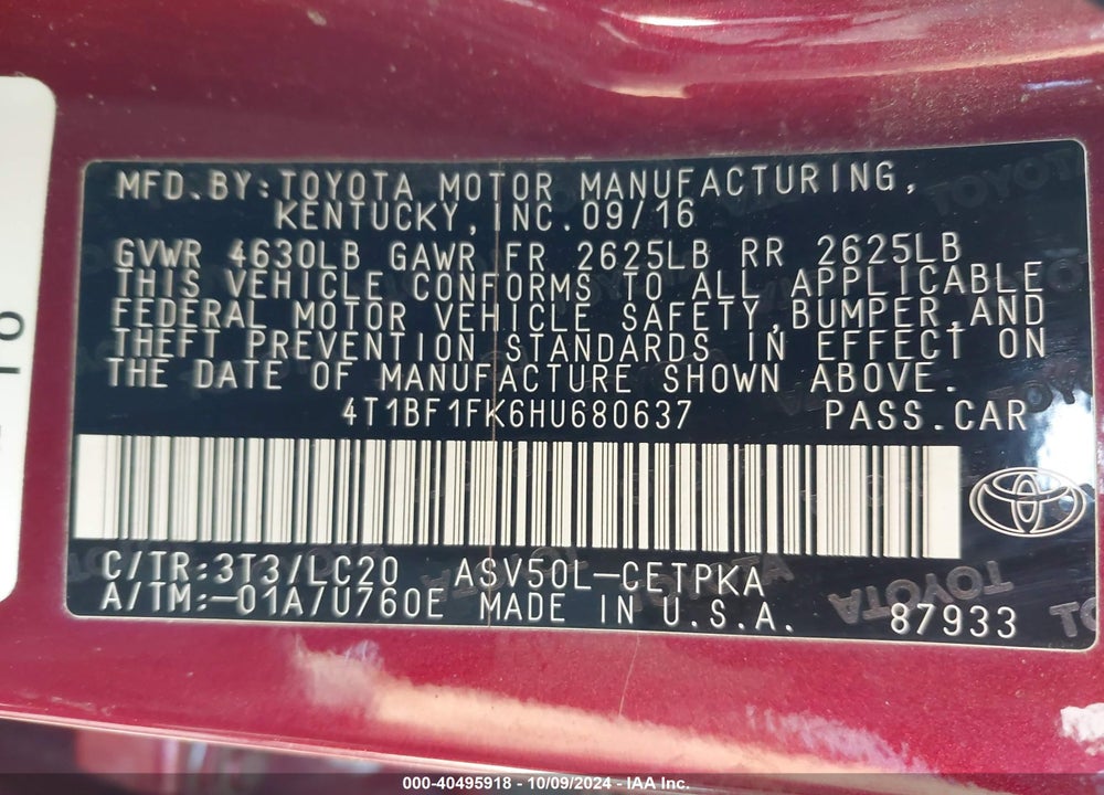 2017 TOYOTA CAMRY XSE VIN: 4T1BF1FK6HU680637