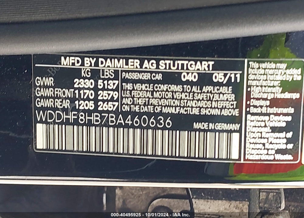 2011 MERCEDES-BENZ E 350 4MATIC VIN: WDDHF8HB7BA460636